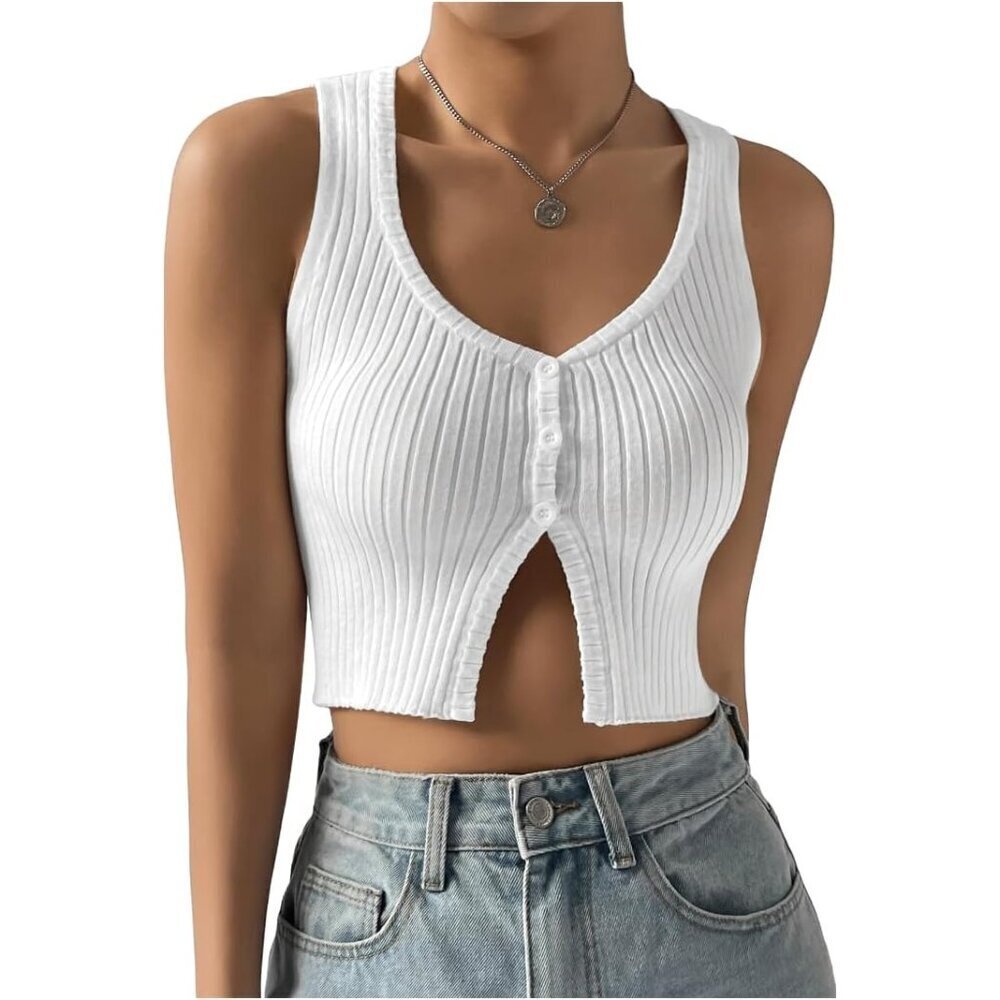 Women's Ribbed Knit Crop Tank Top Sleeveless Scoop Neck Casual Small